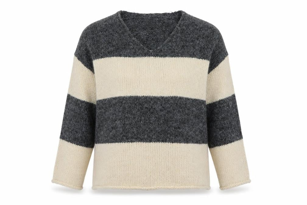 ASOS Women’s Grey Cream Striped V-Neck Knit Jumper Size S UK 8-10