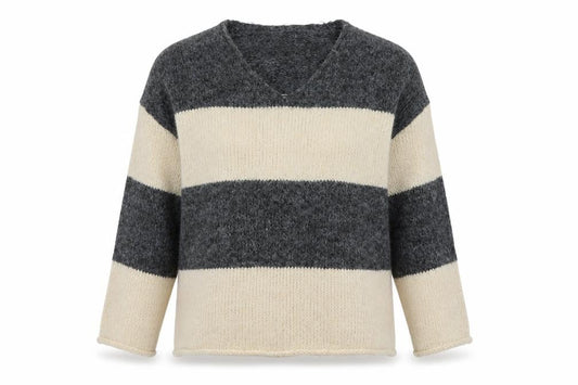 Front view of ASOS Women’s Grey Cream Striped V-Neck Knit Jumper, size S, UK 8-10