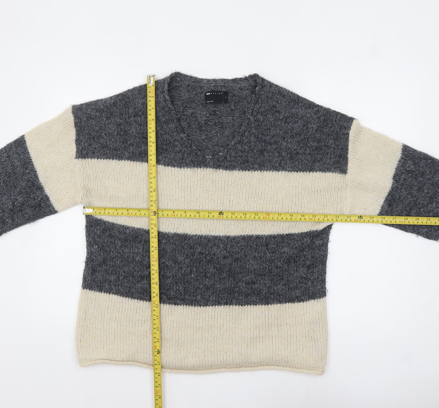ASOS Women’s Grey Cream Striped V-Neck Knit Jumper Size S UK 8-10