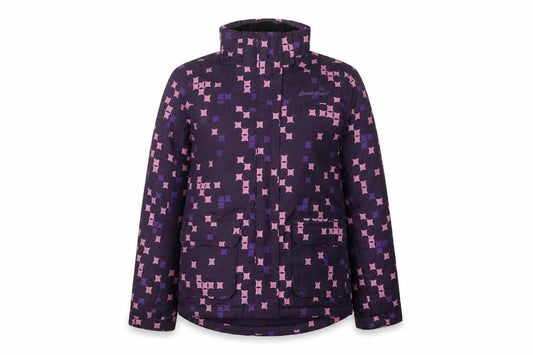Front view of Crivit girls’ purple geometric waterproof ski jacket 12-14 years