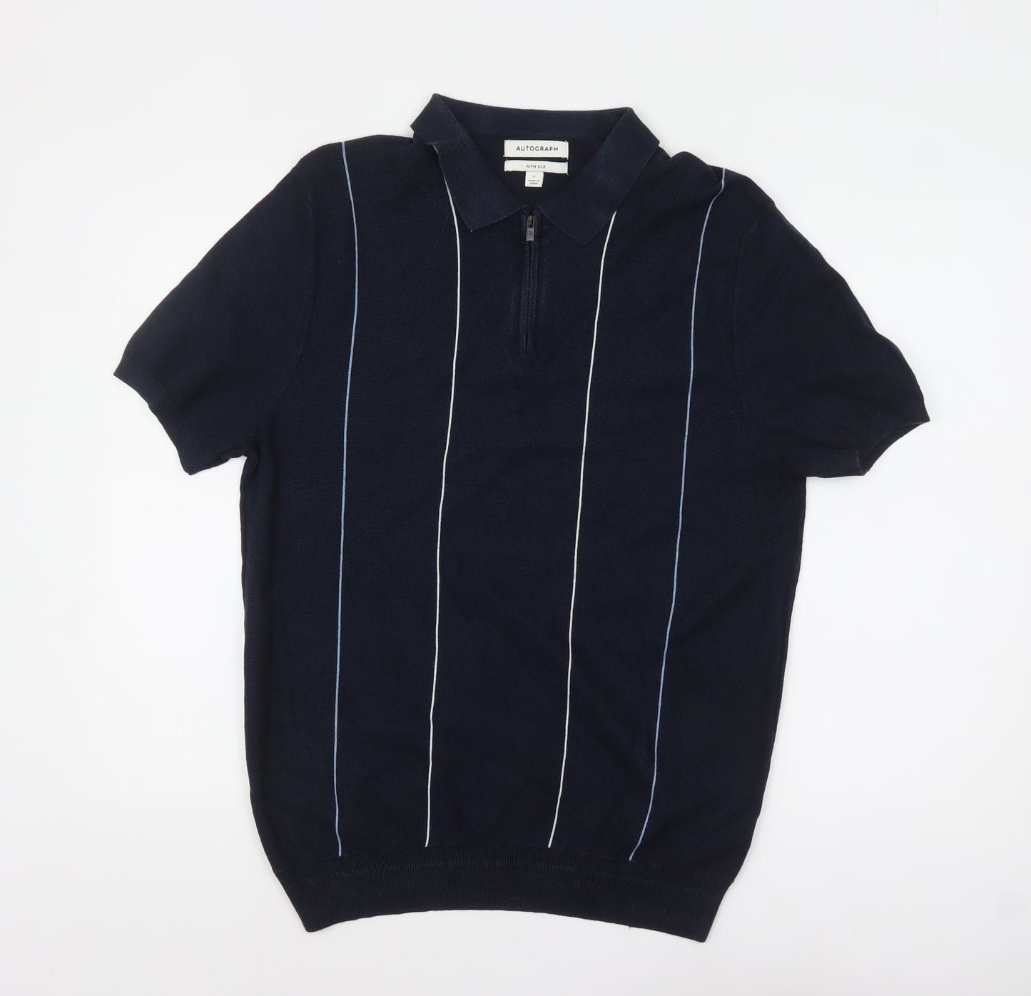 Marks and Spencer Autograph Men's Navy Short Sleeve Silk Blend Polo L