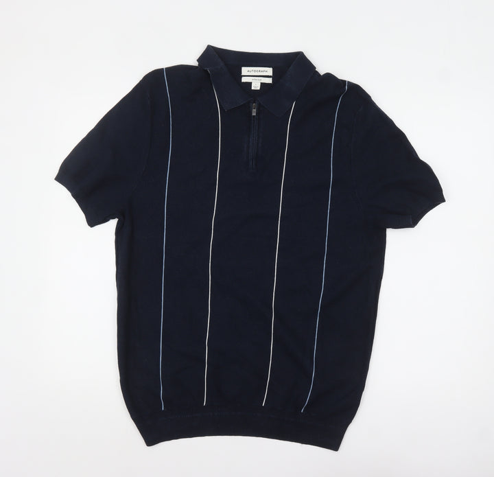 Marks and Spencer Autograph Men's Navy Short Sleeve Silk Blend Polo L