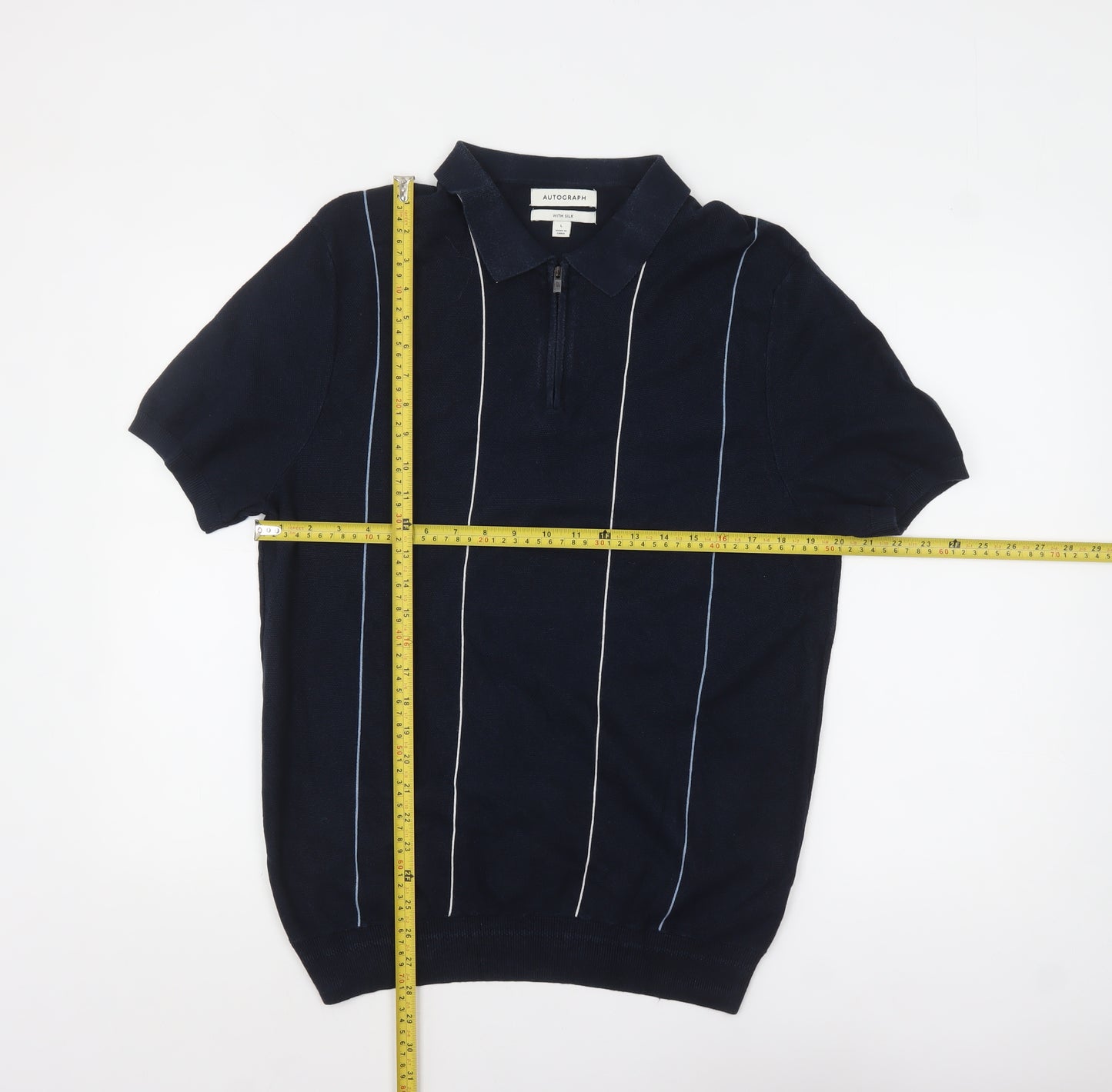 Marks and Spencer Autograph Men's Navy Short Sleeve Silk Blend Polo L