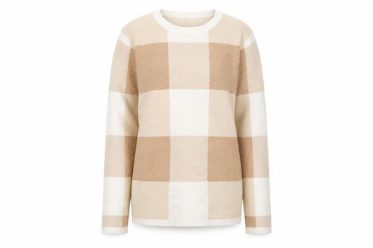 Front view of Bonmarché women’s beige check knit jumper, size UK 12
