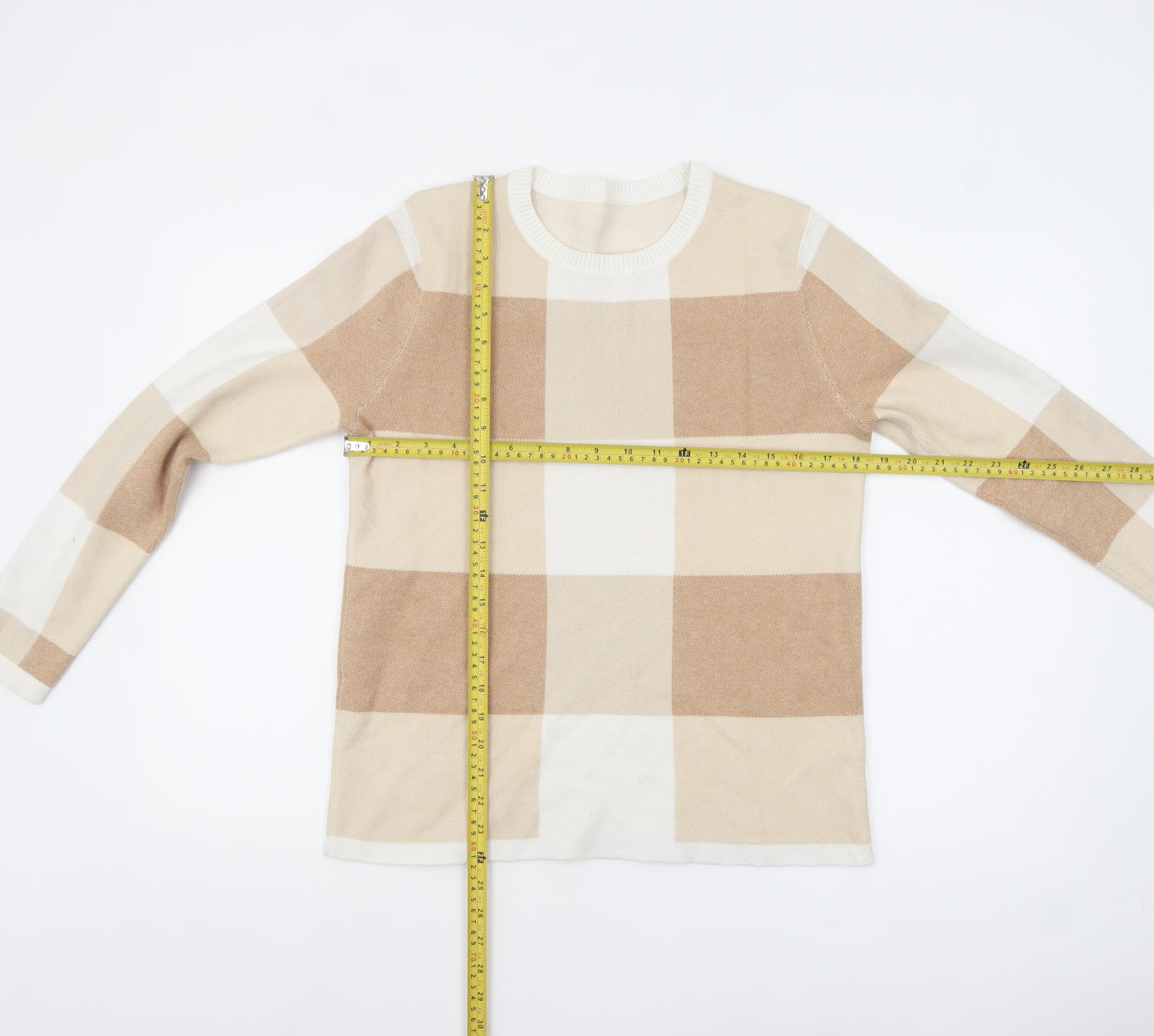 Bonmarché Womens Beige Check Knit Pullover Jumper Size 12