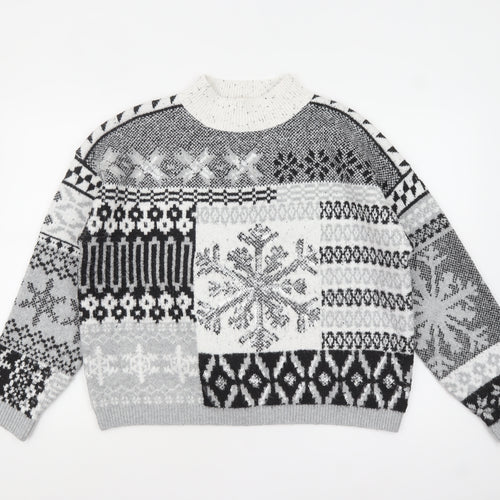 Next Women Grey Fair Isle Mock Neck Chunky Knit Jumper Size 14