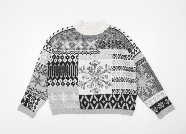 Next Women Grey Fair Isle Mock Neck Chunky Knit Jumper Size 14