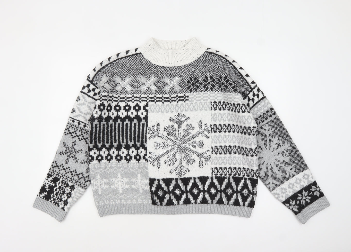 Next Women Grey Fair Isle Mock Neck Chunky Knit Jumper Size 14