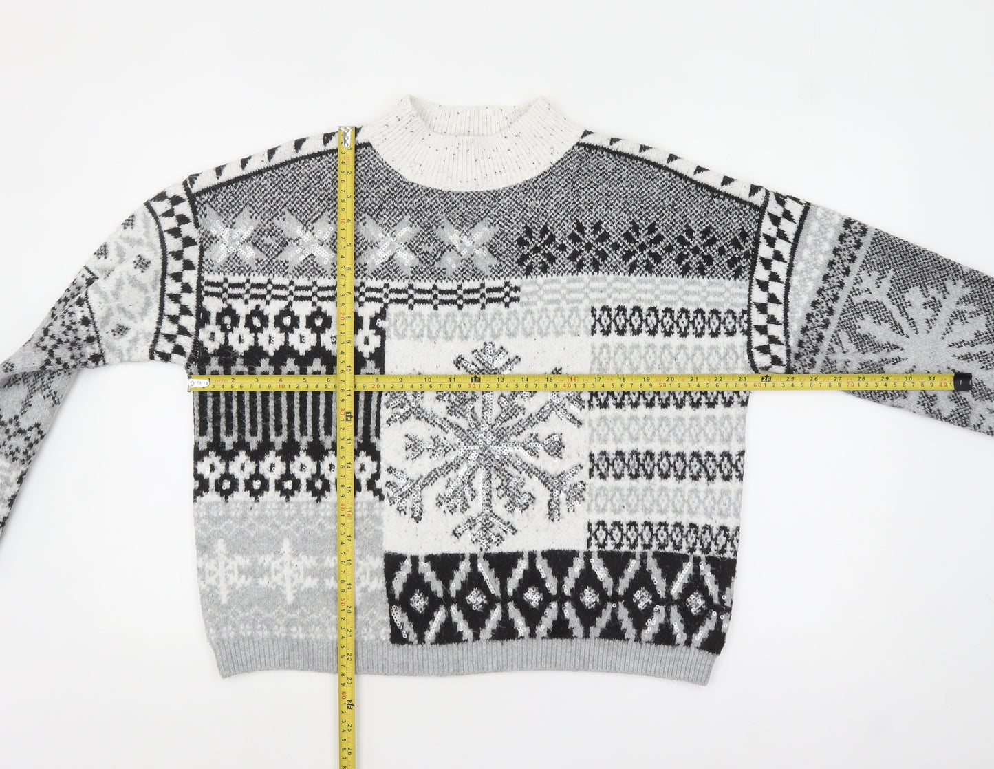Next Women Grey Fair Isle Mock Neck Chunky Knit Jumper Size 14