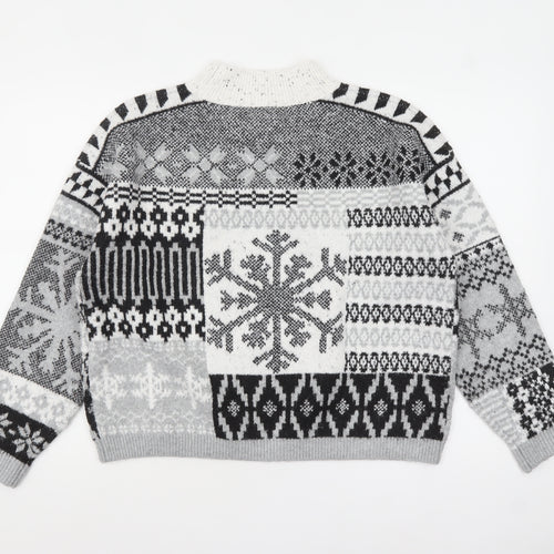 Next Women Grey Fair Isle Mock Neck Chunky Knit Jumper Size 14