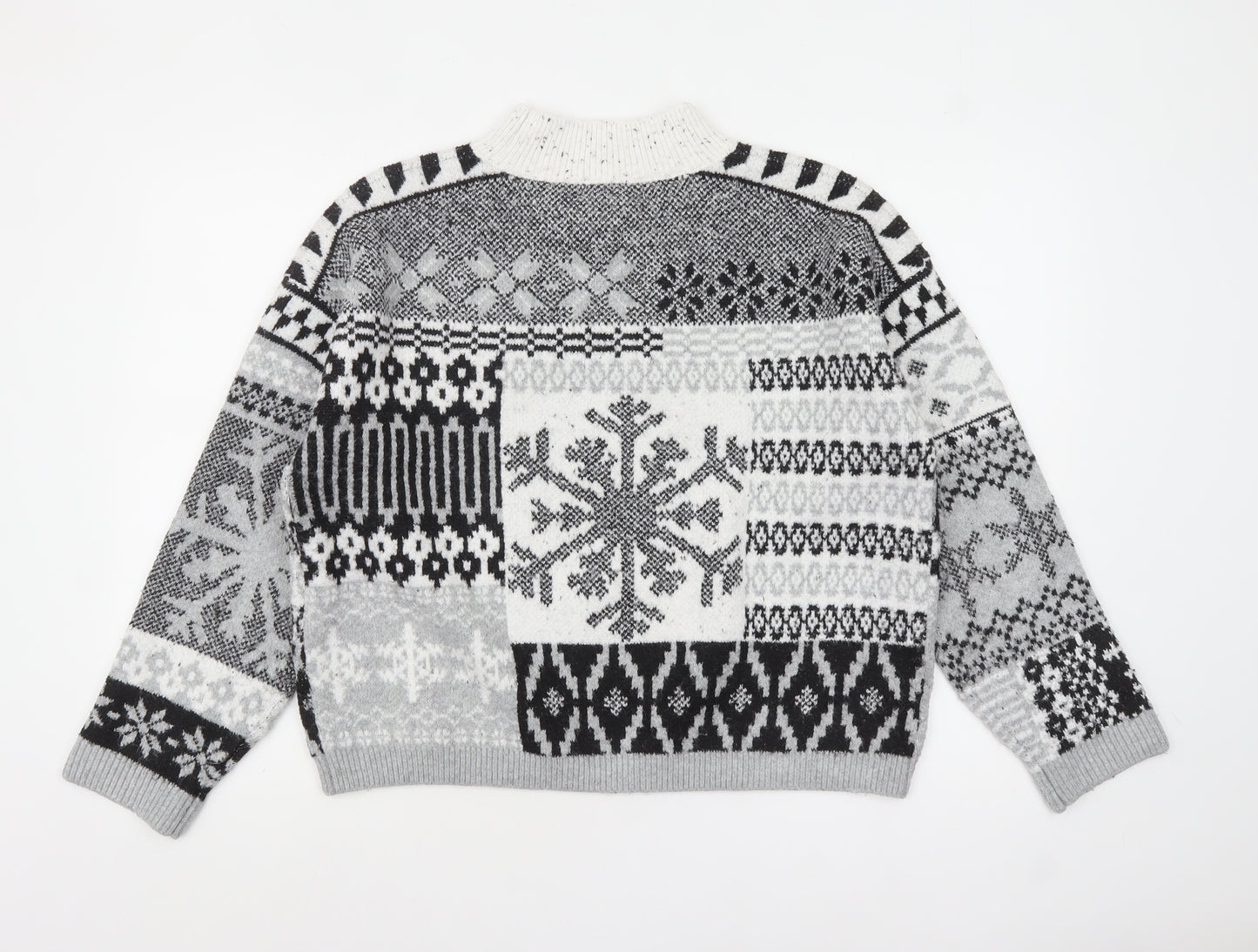 Next Women Grey Fair Isle Mock Neck Chunky Knit Jumper Size 14