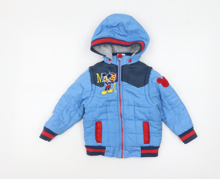 Disney Store Boys Blue Mickey Mouse Puffer Jacket 3 Years Hooded Winter Coat