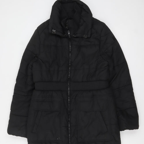 Brave Soul Women's Black Size 14 Puffer Jacket Belted Mid-Length Winter Coat