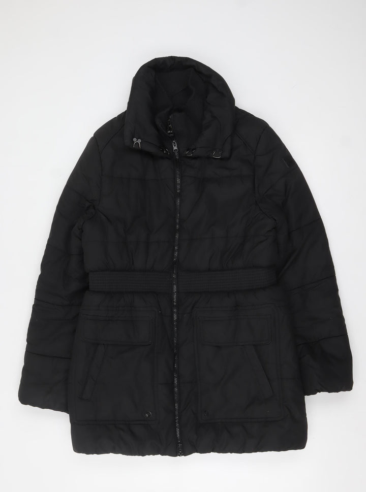 Brave Soul Women's Black Size 14 Puffer Jacket Belted Mid-Length Winter Coat