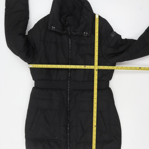 Brave Soul Women's Black Size 14 Puffer Jacket Belted Mid-Length Winter Coat