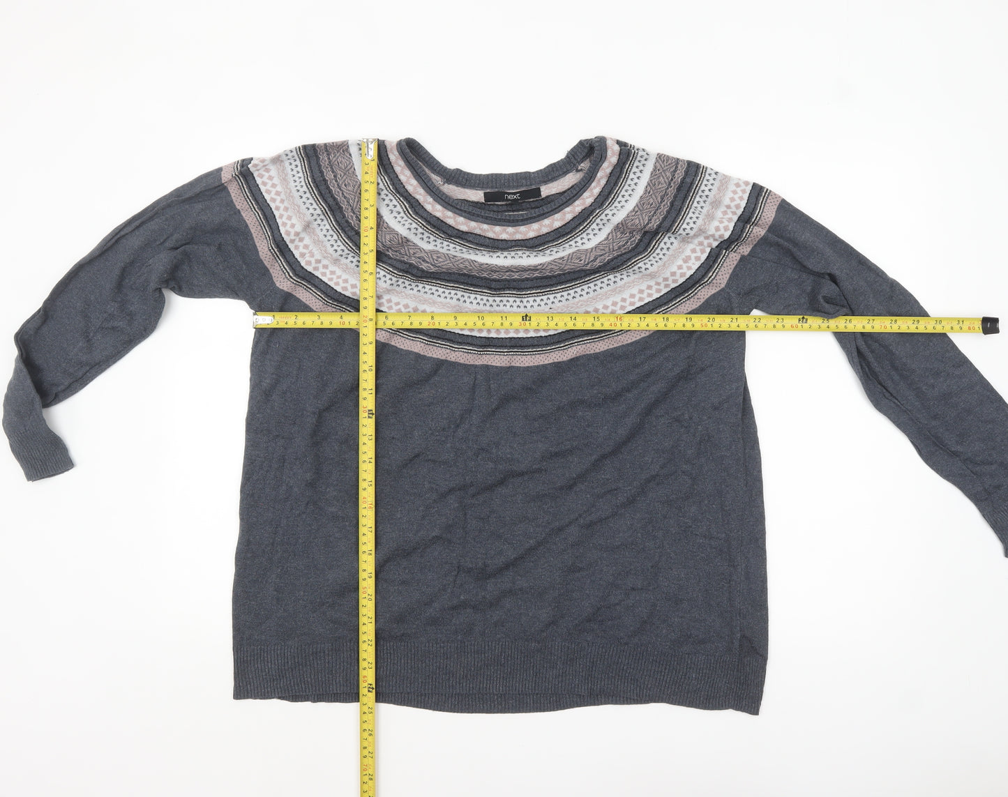 Next Women’s Grey Fair Isle Knit Jumper Size 20 Long Sleeve Crew Neck