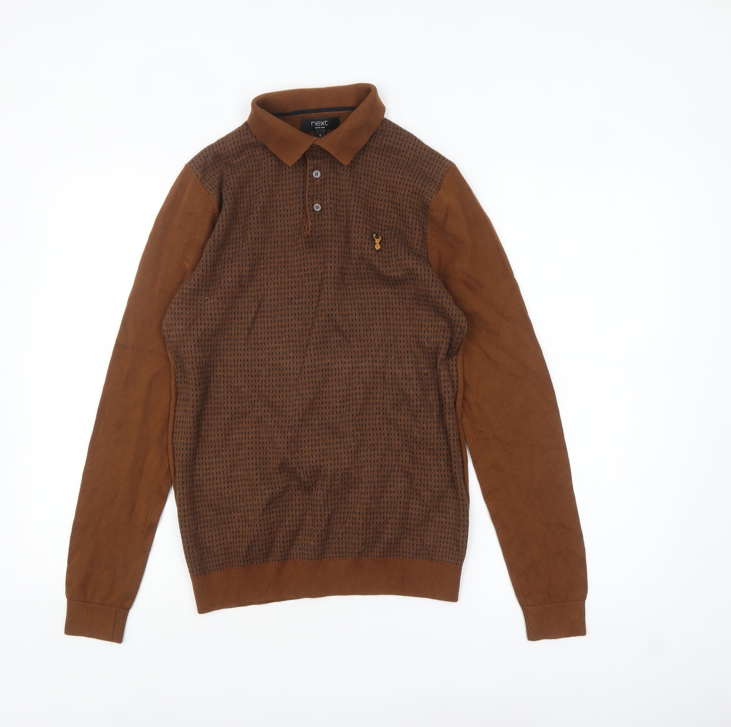 Next Men's Brown Collared Knit Cotton Pullover Jumper Size S