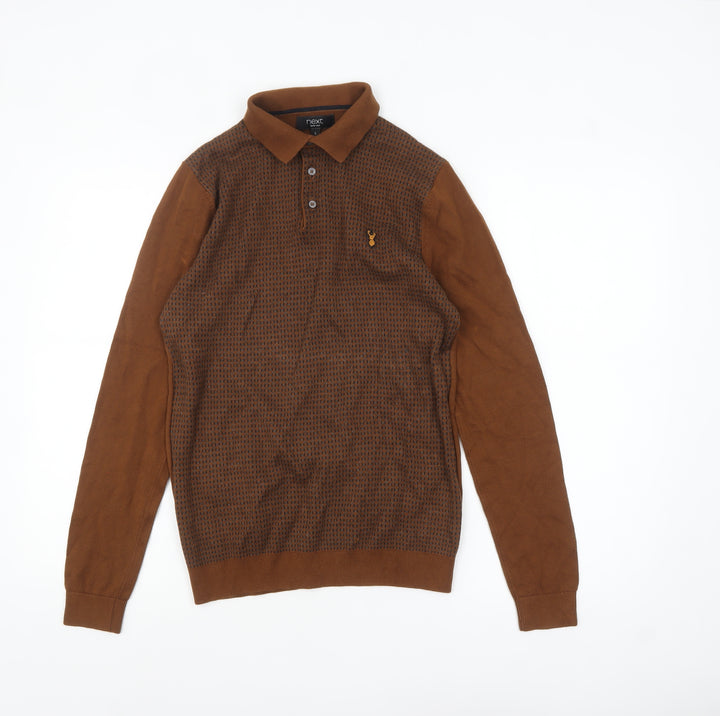 Next Men's Brown Collared Knit Cotton Pullover Jumper Size S