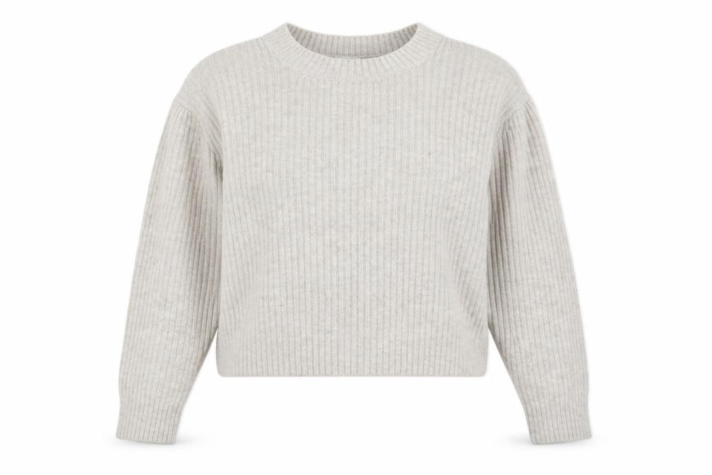 Front view of H&M women’s beige wool blend ribbed knit jumper, size UK 14