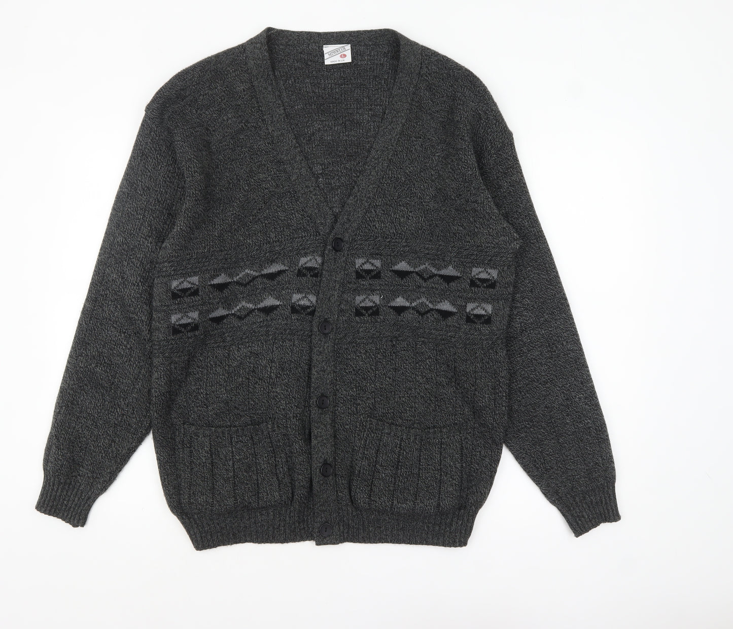 Menswear Men's Grey L Chunky Knit Geometric Button Cardigan