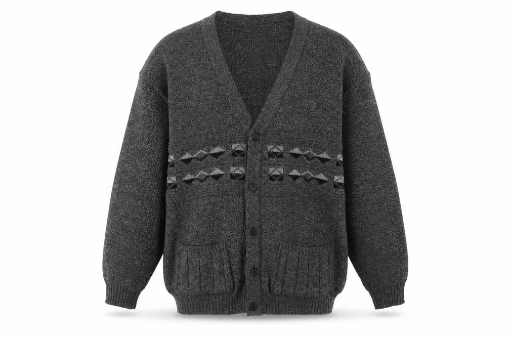 Menswear Men's Grey L Chunky Knit Geometric Button Cardigan