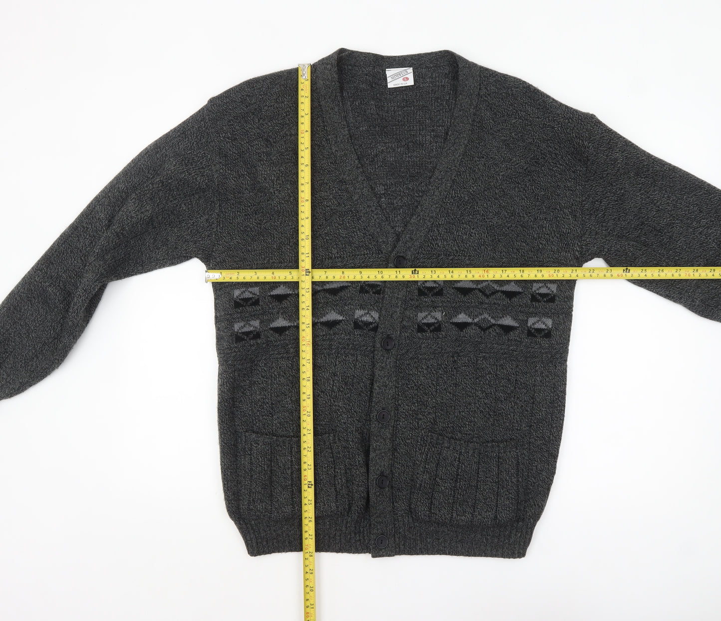 Menswear Men's Grey L Chunky Knit Geometric Button Cardigan