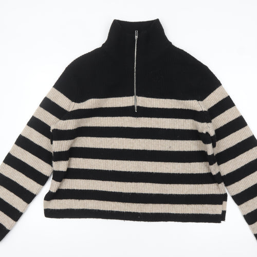 New Look Women’s Black Beige Striped High Neck Half Zip Jumper Size 18