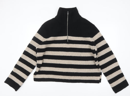 New Look Women’s Black Beige Striped High Neck Half Zip Jumper Size 18