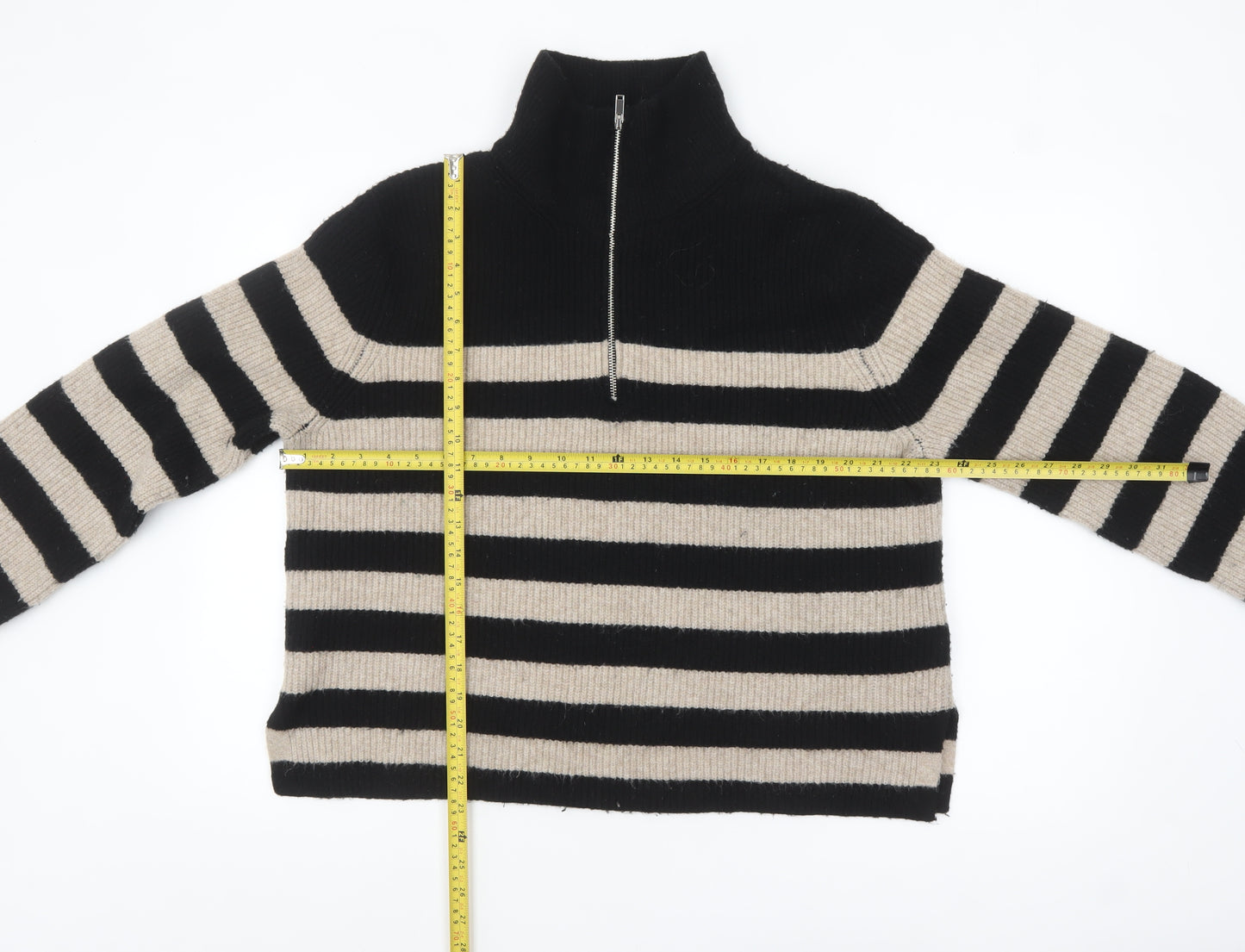 New Look Women’s Black Beige Striped High Neck Half Zip Jumper Size 18