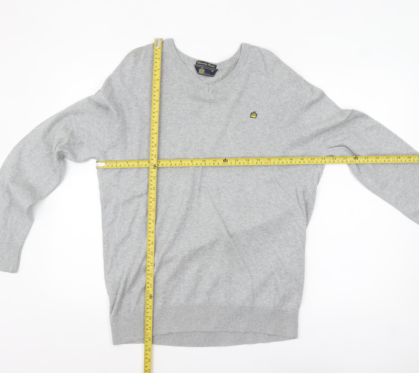 Admiral Men's Grey V-Neck Cotton Pullover Jumper M Classic Knit