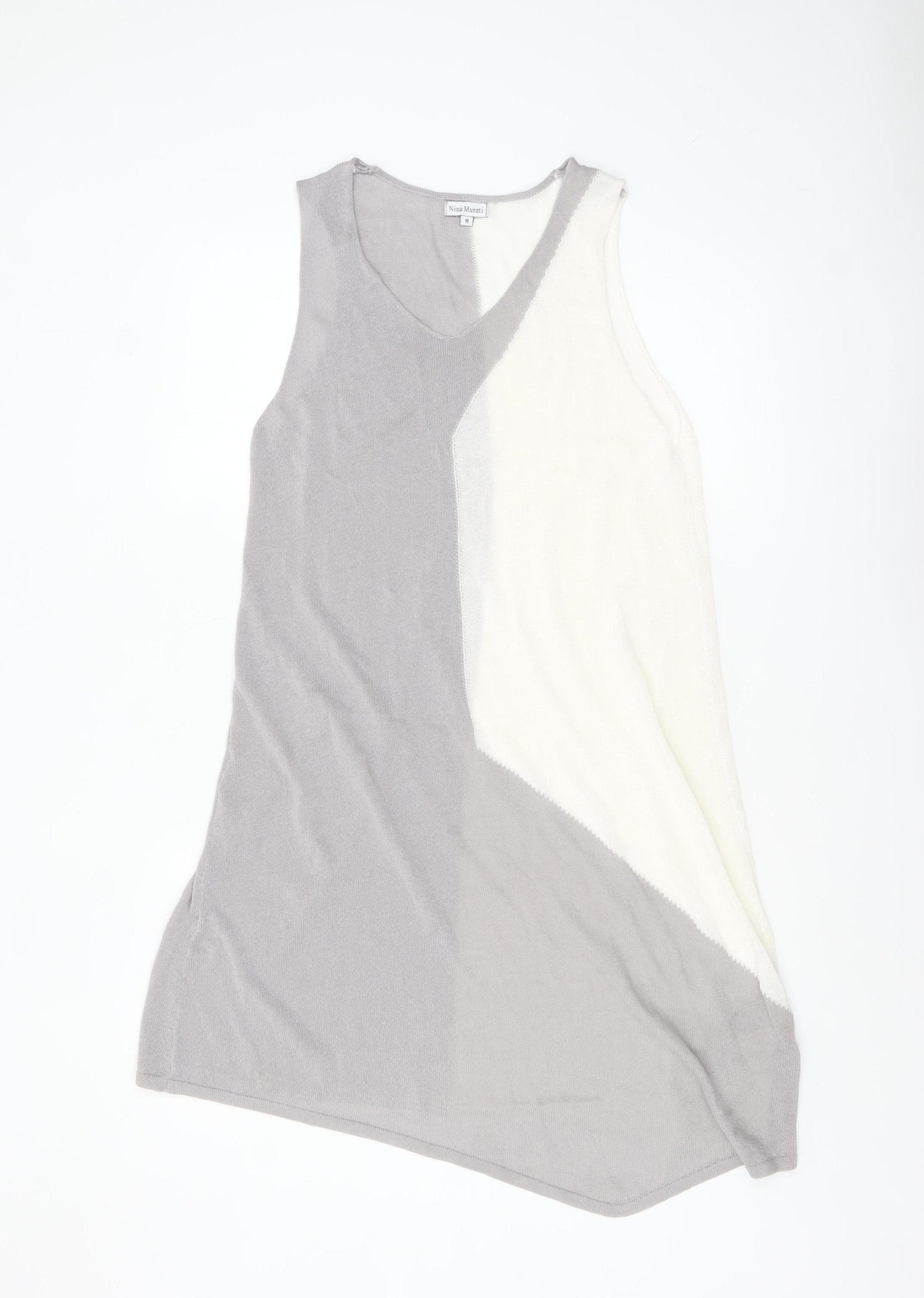 Nina Murati Women’s Grey Ivory Knit Sleeveless Shift Dress M