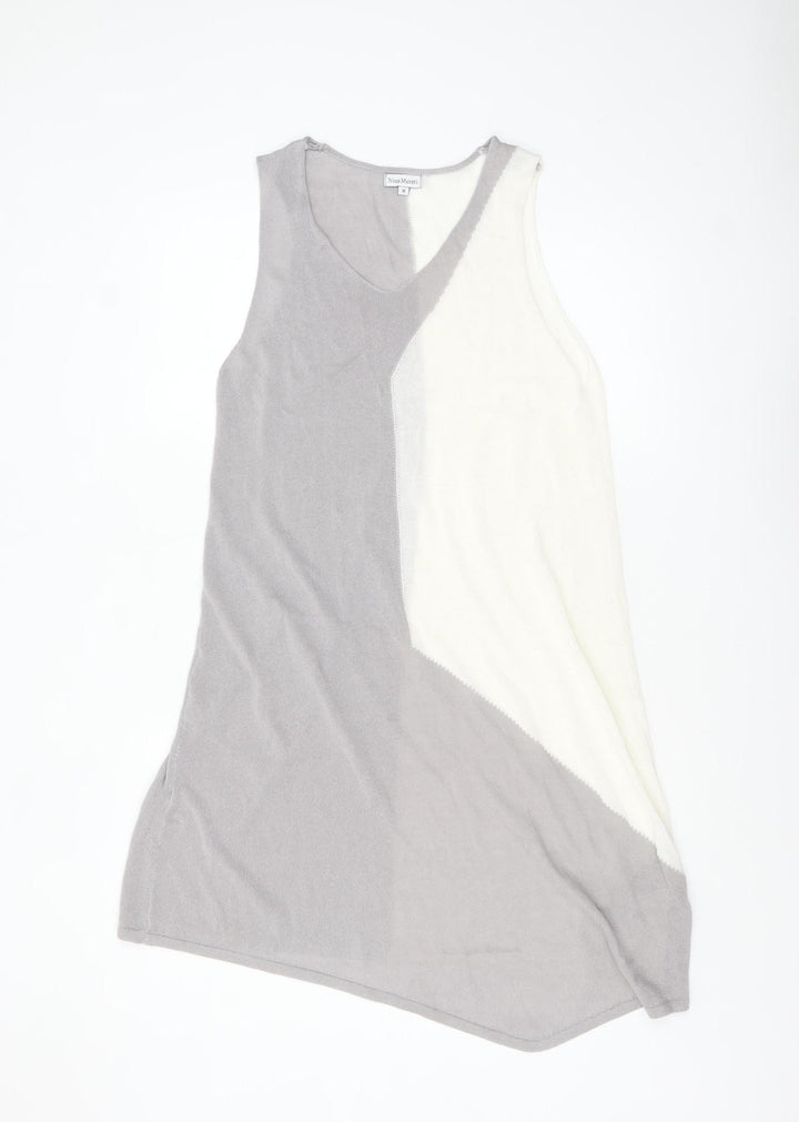 Nina Murati Women’s Grey Ivory Knit Sleeveless Shift Dress M