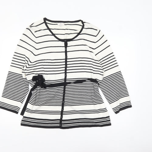 CC Women White Black Striped Cardigan XL Round Neck Long Sleeve