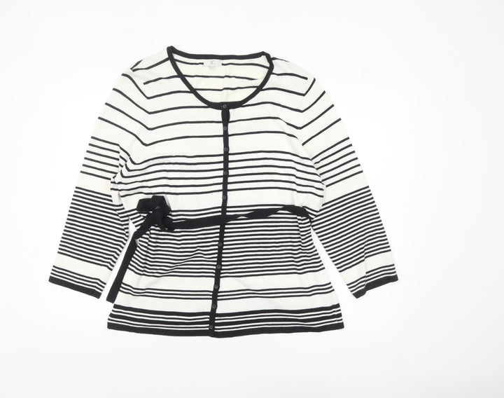 CC Women White Black Striped Cardigan XL Round Neck Long Sleeve