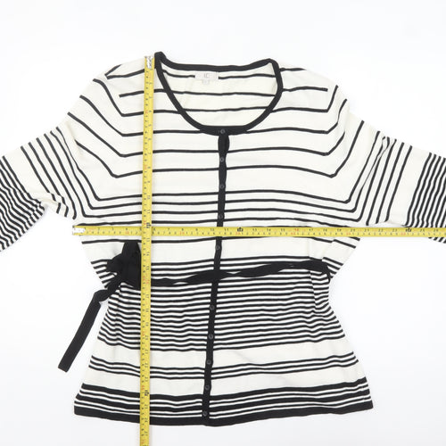CC Women White Black Striped Cardigan XL Round Neck Long Sleeve