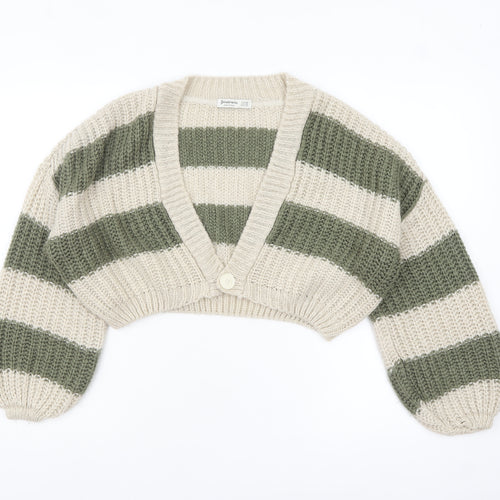 Stradivarius Women Beige Green Striped Chunky Knit Cropped Cardigan XS