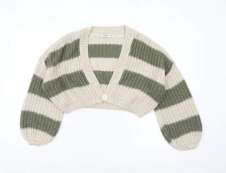 Stradivarius Women Beige Green Striped Chunky Knit Cropped Cardigan XS