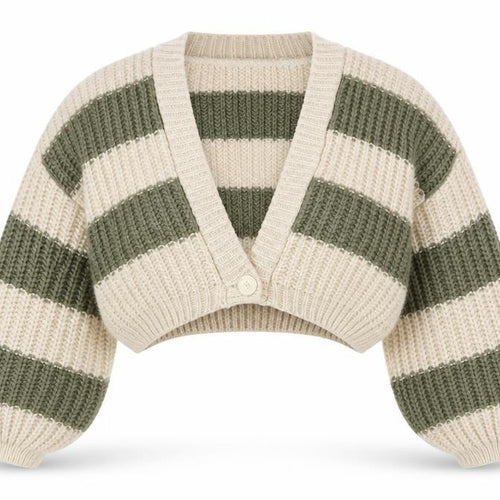 Stradivarius Women Beige Green Striped Chunky Knit Cropped Cardigan XS
