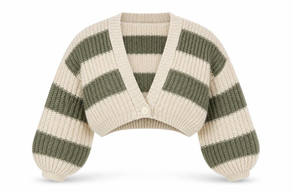 Stradivarius Women Beige Green Striped Chunky Knit Cropped Cardigan XS