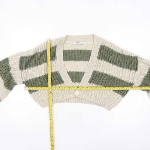 Stradivarius Women Beige Green Striped Chunky Knit Cropped Cardigan XS