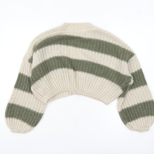 Stradivarius Women Beige Green Striped Chunky Knit Cropped Cardigan XS