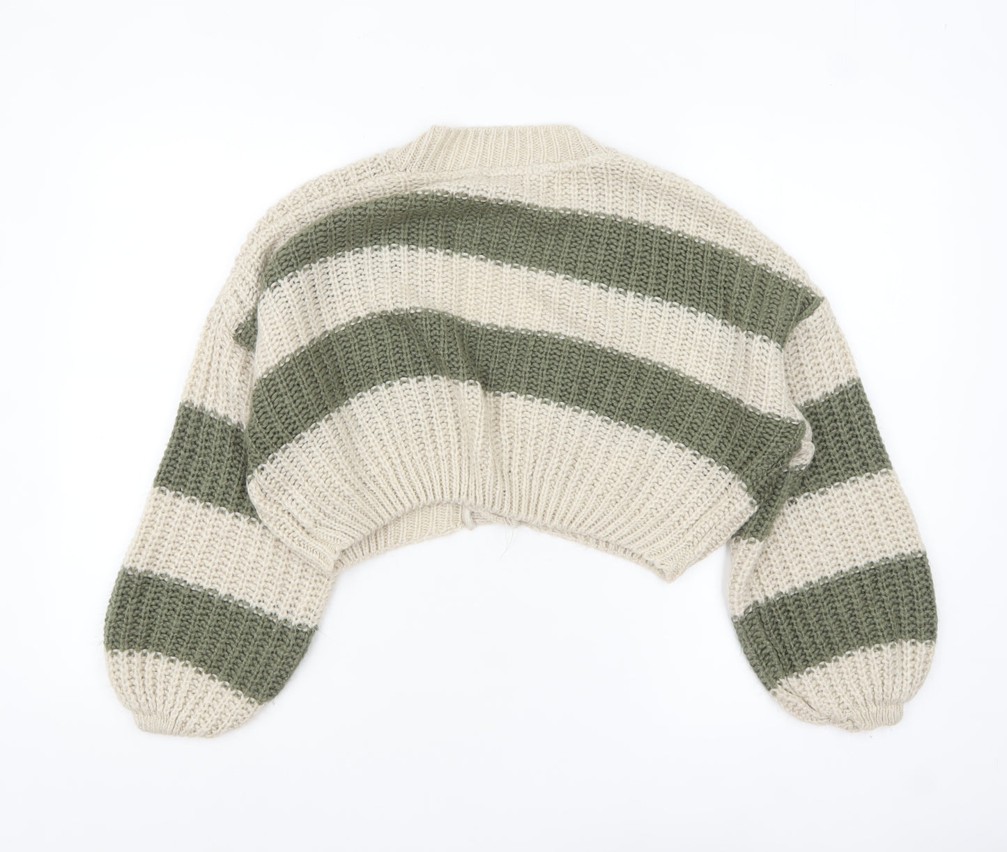 Stradivarius Women Beige Green Striped Chunky Knit Cropped Cardigan XS