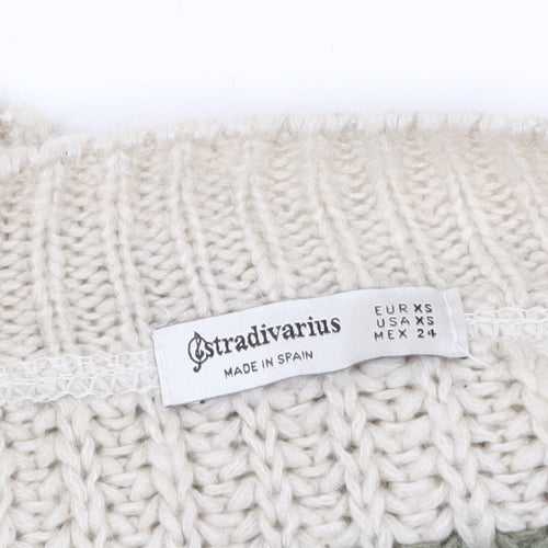 Stradivarius Women Beige Green Striped Chunky Knit Cropped Cardigan XS