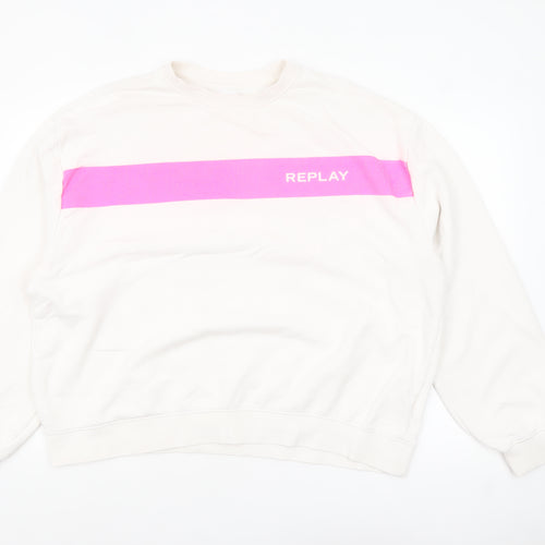 Replay Womens Beige Pink Logo Crew Neck Sweatshirt Size 3XL