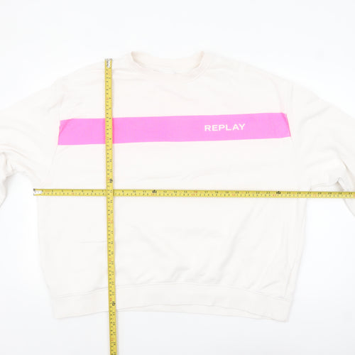 Replay Womens Beige Pink Logo Crew Neck Sweatshirt Size 3XL