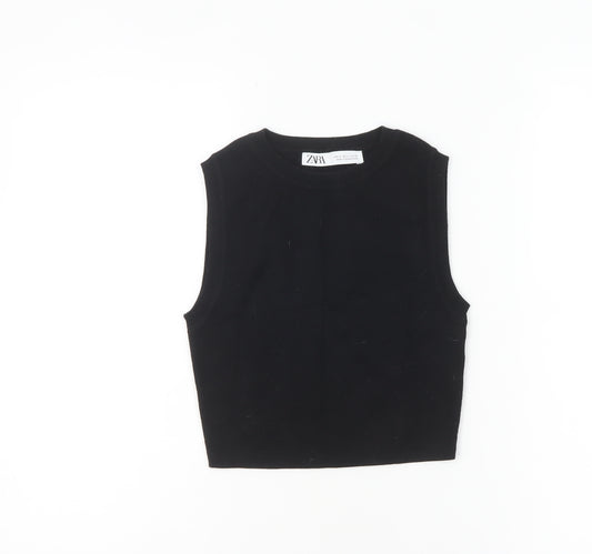 ZARA Women Black Cropped Sleeveless Knit Tank Top Size 8