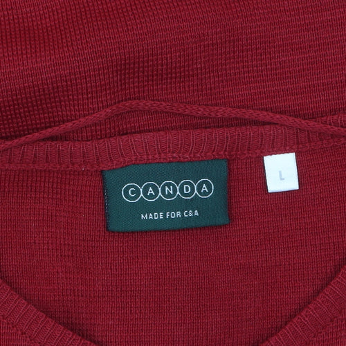 Canda Womens Red Cardigan L Wool Blend Crew Neck Long Sleeve