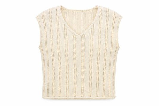 Front view of ASOS Design Women Beige Knitted V-Neck Sleeveless Top, size S