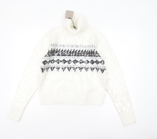 River Island Womens White XS Roll Neck Sequin Fair Isle Jumper