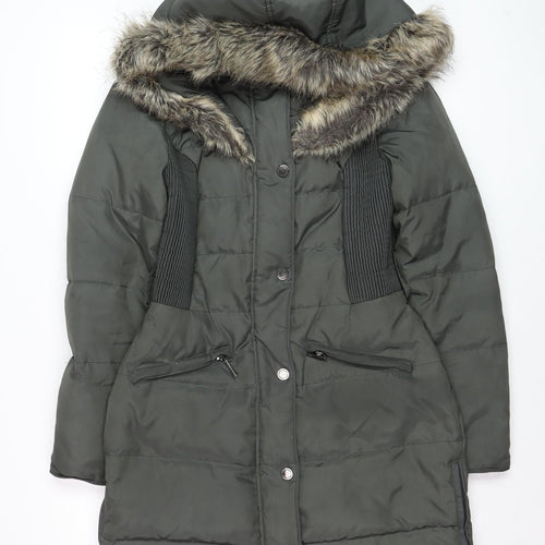 Jasper Conran Women's Green Faux Fur Trim Hooded Puffer Coat Size 8